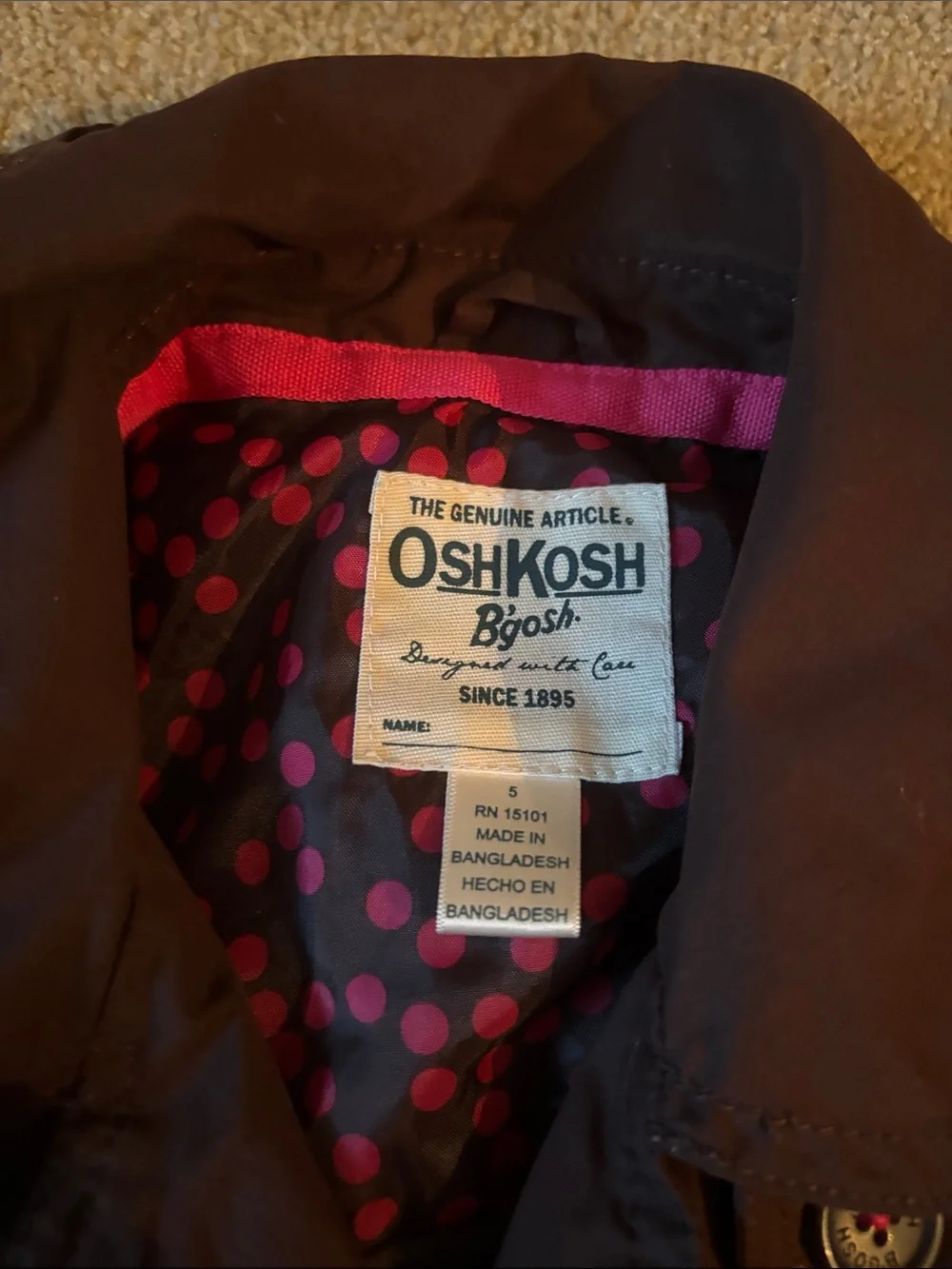 OshKosh B'gosh Brown Girls' Coat with Pink Polka Dot Lining